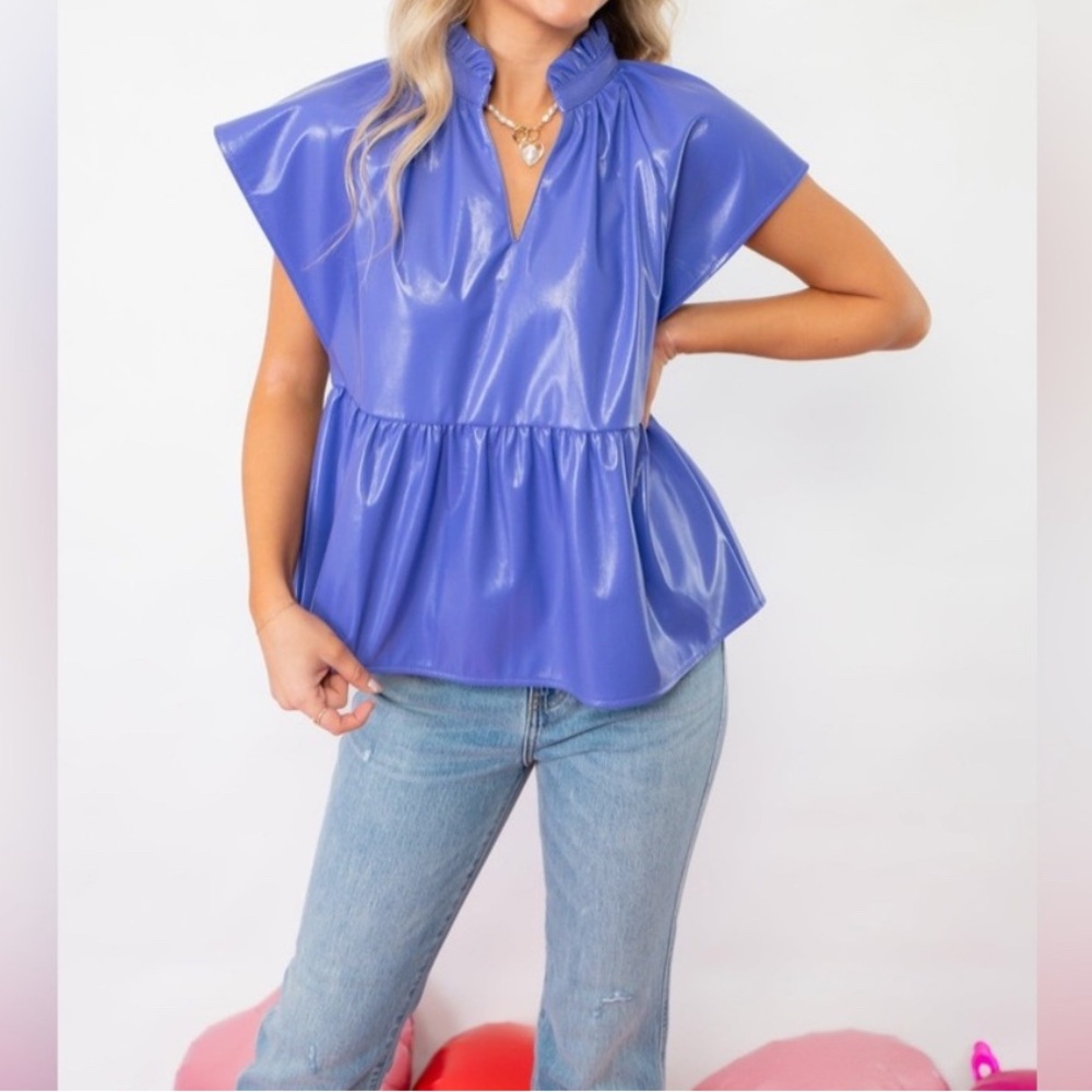 THML Shiny Blue Ruffle Blouse